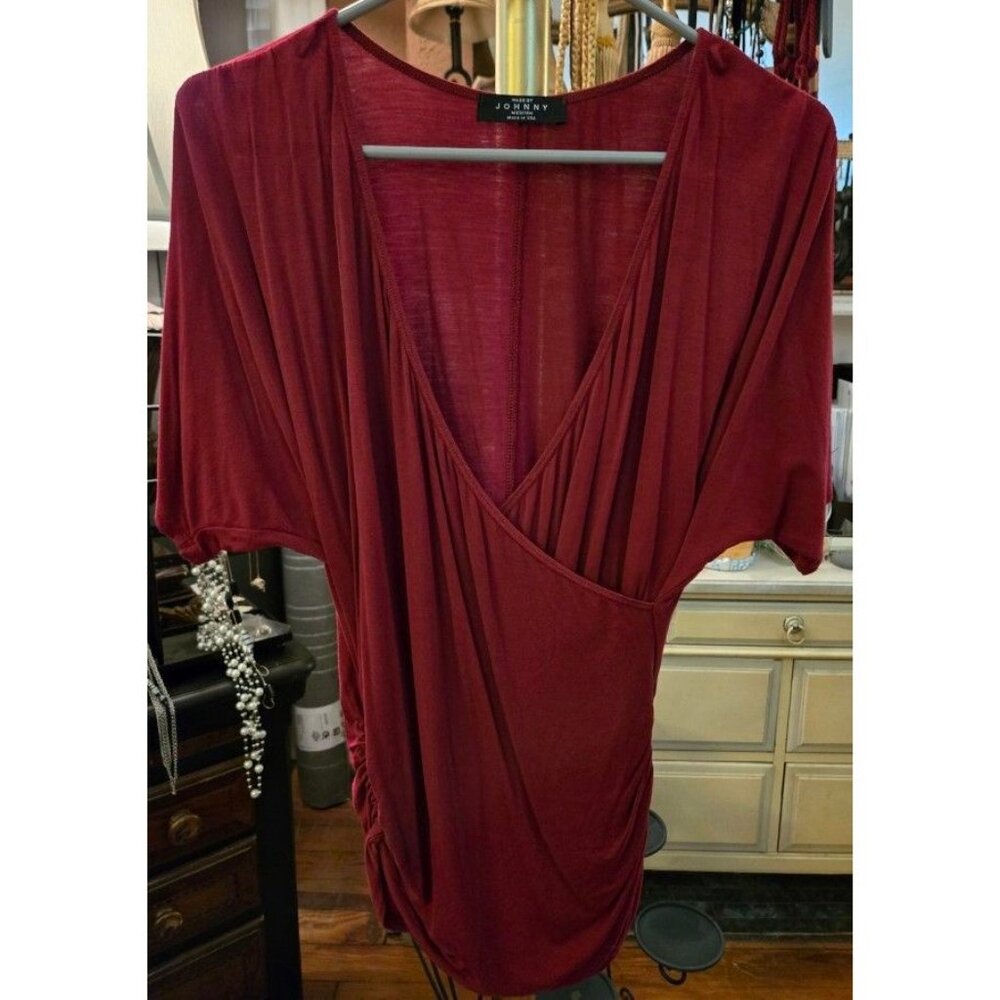 WT # 1085 Women's Medium, Made By Johnny, Red Short Sleeve CrissCross Top With R
